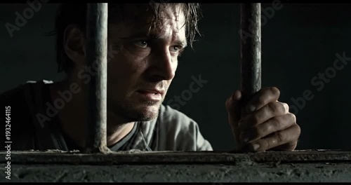Man Standing Behind Iron Bars Prison.