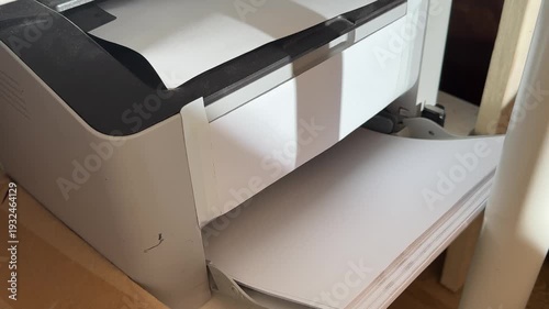Office printer printing a document on paper, close-up of the printing process with moving rollers and paper feed in a home workspace.