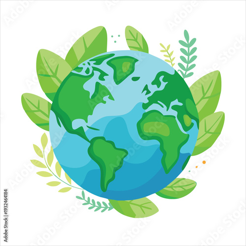 Planet Earth surrounded by green leaves symbolizing environmental protection and nature. Stock illustration
