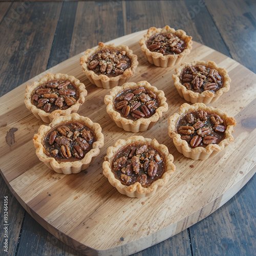 Pecan Pie Tartelettes Served on a Wooden Cutting Board: Individual pecan pie tarts displayed on a wood cutting board