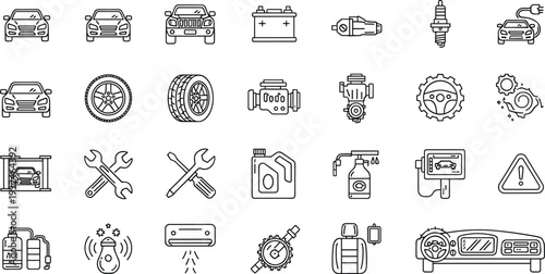 Automotive Parts and Car Service Line Icon Set with Engine Battery Tire Tools and Repair Equipment Vector Illustration Collection