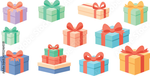 Colorful Gift Box Collection with Ribbon Bows Wrapped Present Packages for Birthday Holiday and Celebration Vector Illustration Set