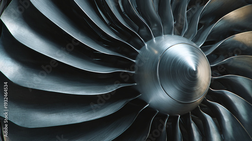 Jet engine turbine close-up in metallic finish-3D rendering