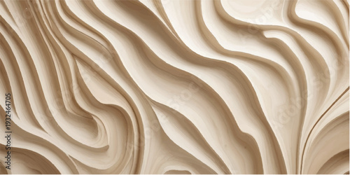 Abstract close-up of layered, undulating wooden panels. The grain details are prominently featured, creating a pattern of flowing, curved forms. The light and shadow play adds depth