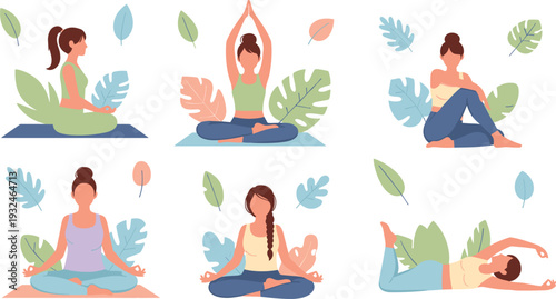 Women Practicing Yoga Poses and Meditation with Tropical Leaves for Wellness Branding, Mental Health Awareness, Fitness Apps, and Spiritual Balance Graphic Designs