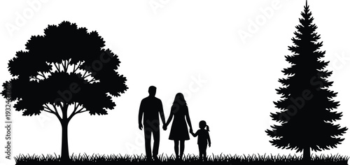 Silhouette of happy family walking hand in hand in park landscape with trees and grass, black vector illustration symbolizing love, unity, parenting and togetherness