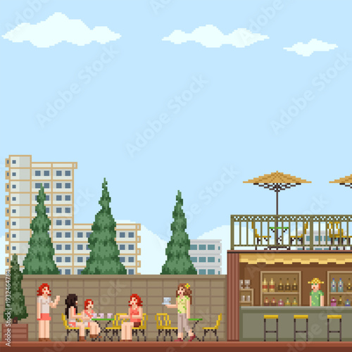 pixel art scene of cafe friend hang out