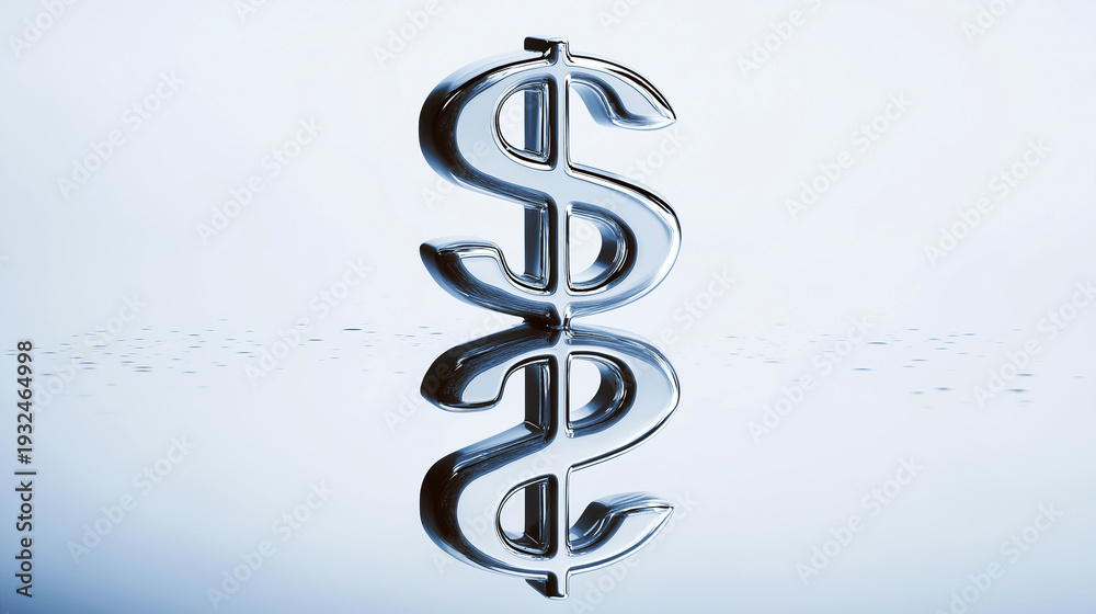 Obraz premium A polished silver dollar sign standing on a reflective surface, symbolizing financial success, banking, currency exchange, and wealth management in modern corporate and digital finance environments