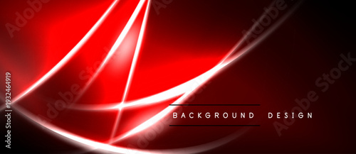 Abstract red design features dynamic lines, curves, glowing effects. Dark background enhances vibrant color contrast, modern aesthetic.