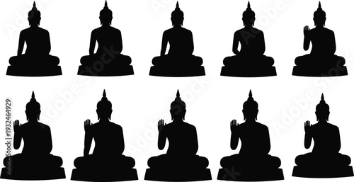 Buddha silhouette collection, meditating Buddha statues set in lotus pose, spiritual black icon illustration isolated on white background