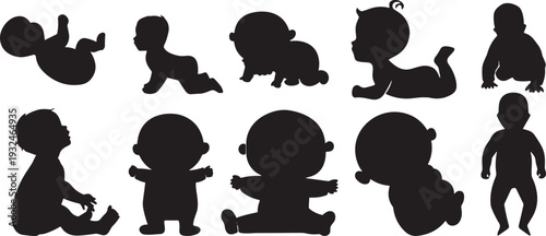Baby silhouettes collection, cute infant poses crawling sitting standing, newborn child black vector illustration isolated on white background