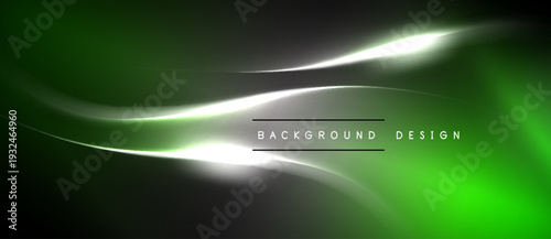 Abstract green background features flowing lines, bright white light streak. Text reads background design. Modern, dynamic visual presentation.