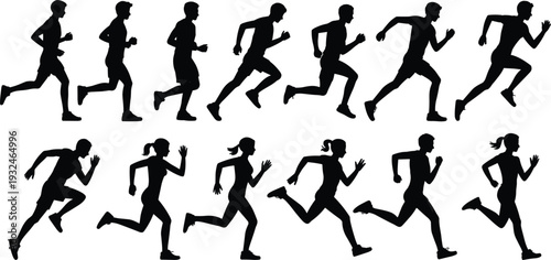 Assortment of male and female running silhouettes in motion on white background Keywords: running, runner, silhouette, male