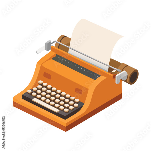 Retro Orange Typewriter with Paper on White Background Isometric View