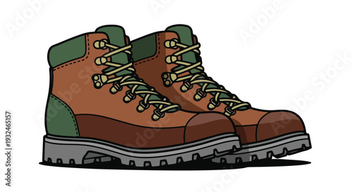 Illustration of a pair of brown hiking boots with green accents and laces on a white background.