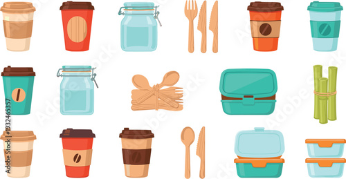 Zero Waste Reusable Product Set Featuring Coffee Cups, Bamboo Cutlery, Glass Jars, and Lunch Boxes for Sustainable Living and Environmental Protection Campaign Designs