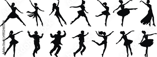 Collection of dancing people silhouettes in dynamic poses isolated on white background, party celebration vector illustration set design