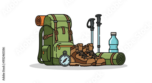 Illustration of hiking gear including a backpack, boots, trekking poles, water bottle, and sleeping bag on a white background.