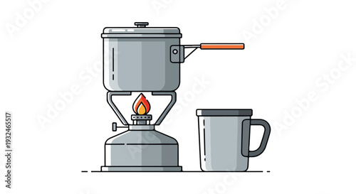 Illustration of a portable camping stove with a pot and mug on a white background, conveying a sense of outdoor adventure with a minimalistic style.