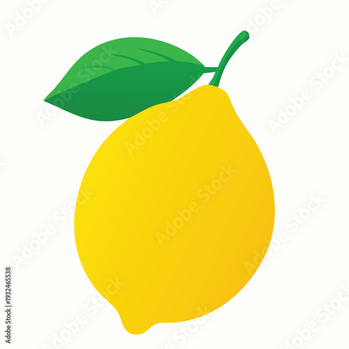 Single Bright Yellow Lemon with Green Leaf and Stem on White Background Isolated