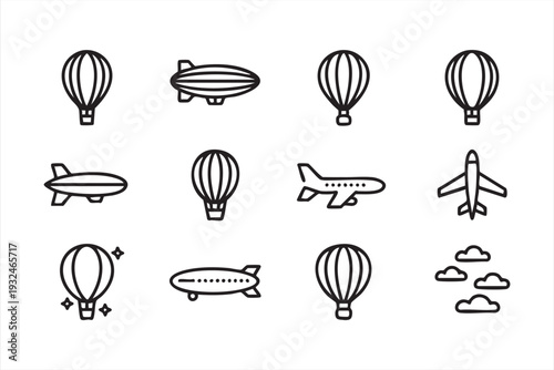 Airplane and Hot Air Balloon Icon Collection in Line Style