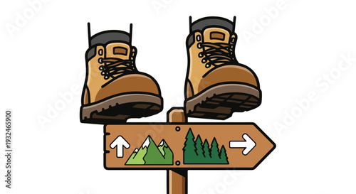 Illustration of a pair of hiking boots on a wooden signpost with arrows pointing to mountains and trees on a white background.