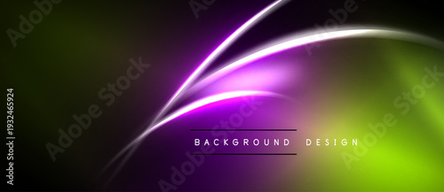 Abstract background features vibrant curves, gradients. Purple, green hues dominate dark space. Text reads background design.