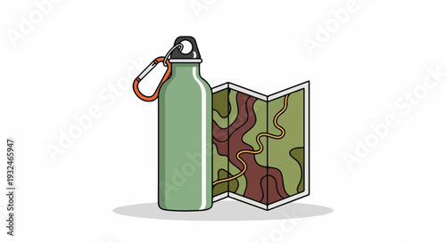 A cartoon-style illustration of a green water bottle with a carabiner and an open camouflage map on a white background.