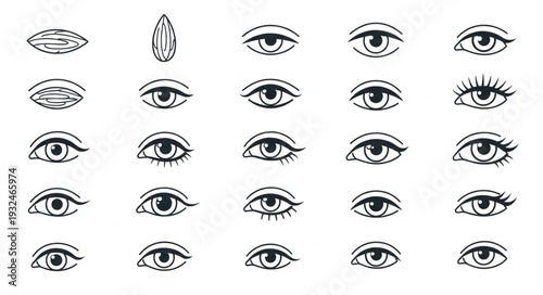 Collection of hand-drawn eye illustrations, showcasing various shapes and styles in black and white.