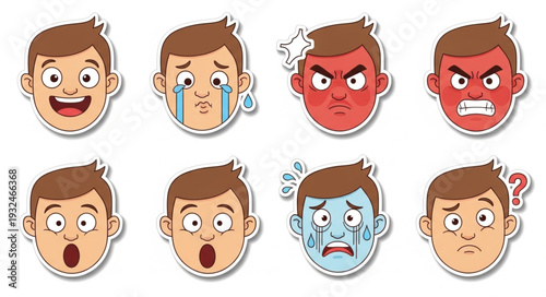 Various human faces expressing different emotions, happiness, sadness, and anger.