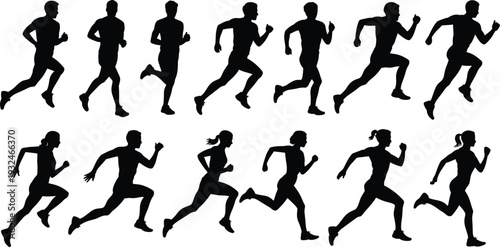 Collection of male and female running silhouettes in motion on white background Keywords: running, runner, silhouette, male