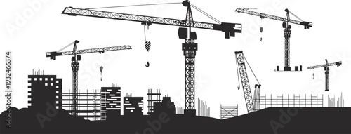 Construction site silhouette with cranes and buildings under development Keywords: construction, crane, building, skyscraper