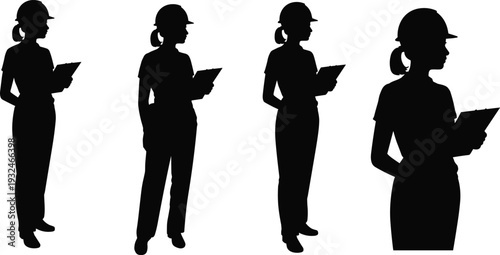 Female construction worker silhouettes with clipboard, engineer inspection pose, safety helmet professional black vector illustration isolated set