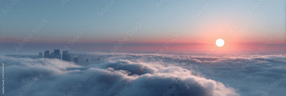 Fototapeta premium Wide sunrise over cloud sea with distant city cluster above billowing clouds and warm sun on the horizon