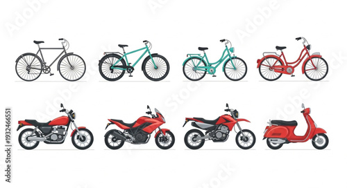 Collection of various bicycles, motorcycles, and scooters in different colors, side view.