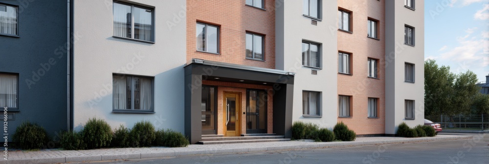 Obraz premium Modern apartment building entrance facade with pastel panels multi story residential complex landscaped sidewalk urban street daytime calm lighting