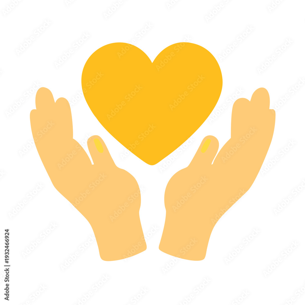 Obraz premium Two Hands Holding Yellow Heart Symbol for Care and Love