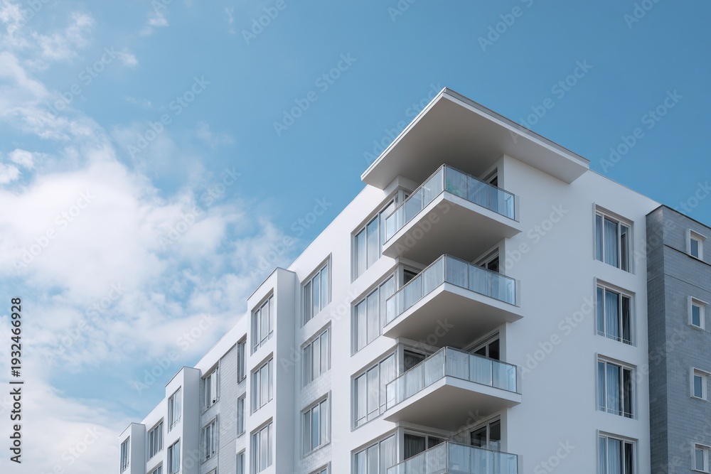 Naklejka premium White contemporary apartment corner with stacked glass balconies clean minimal facade blue sky perspective exterior modernist residential architecture