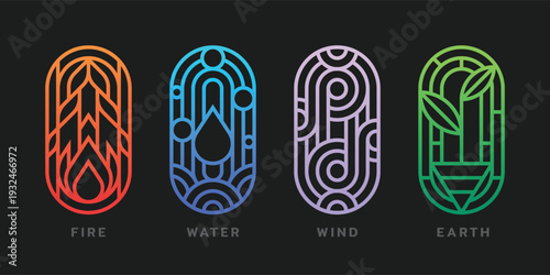 Four nature basic elements - fire water wind and earth symbols with abstract modern line oval shape vector design