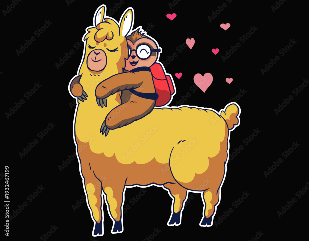 Fototapeta premium Sloth Riding Llama Animal Funny - printable editable vector art file.