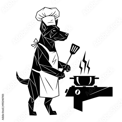 Dog wearing chef hat and apron cooking on a stove illustration