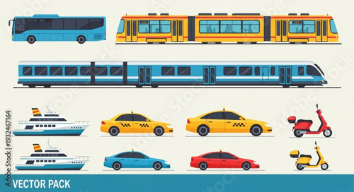 Collection of various transportation vehicles including buses, trains, cars, and scooters.