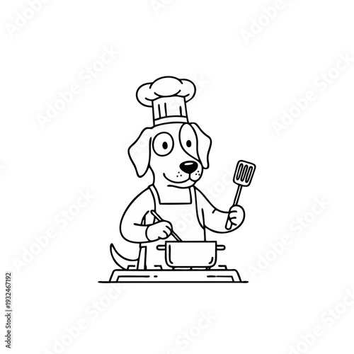 A cartoon dog wearing a chef's hat and apron cooking with a spatula in a kitchen scene