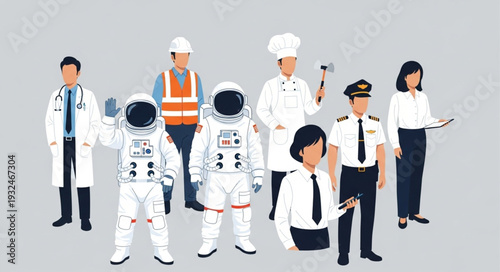 Diverse group of professionals showcasing various career paths and occupations in society.