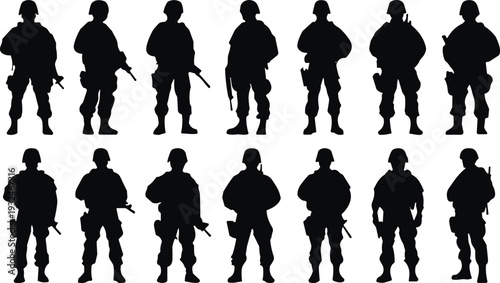 Military soldier silhouettes with rifles collection isolated on white background, army troops vector illustration set for tactical design
