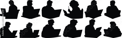 People working on laptops silhouettes collection isolated on white background, remote work freelancer vector illustration set design