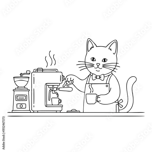 Cat in apron serving coffee from espresso machine in a cafe setting