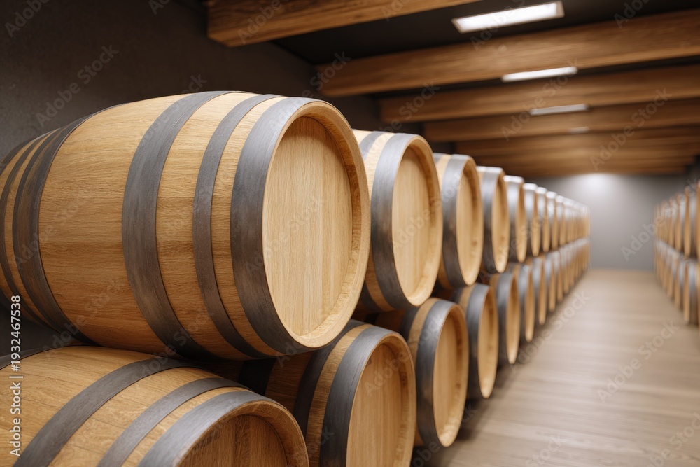 Fototapeta premium Wine cellar with rows of wooden barrels stacked horizontally in a dimly lit barrel room for aging and storage