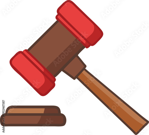 Wooden Auction Gavel and Block with Red Accents Isolated on White Background