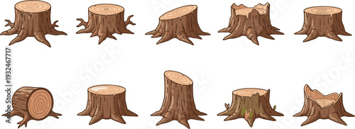 Minimal hand-drawn vector illustration set of tree stumps and logs with clean outline style and consistent stroke width
